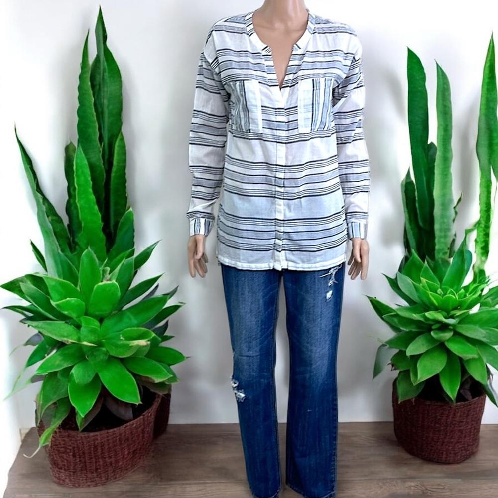Old Navy Stripe Button Down V Neck Shirt Tunic Top - Picture 4 of 16